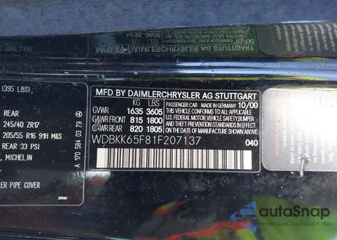 2001 Mercedes-Benz Slk 320 из США, поврежденный, VIN WDBKK65F81F207137